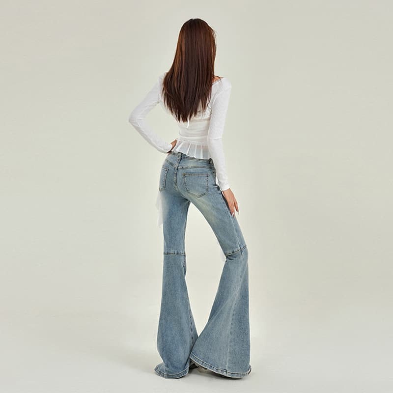 フレアパンツ 膝切替ステッチ入り裾広がりフレアデニムパンツ