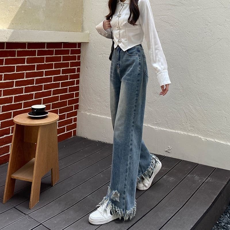 フレアパンツ 裾フリンジダメージ加工ハイウエストフレアデニムパンツ