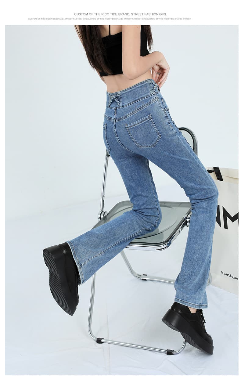 フレアパンツ 復古風高腰裾開きフレア美脚デニムパンツ