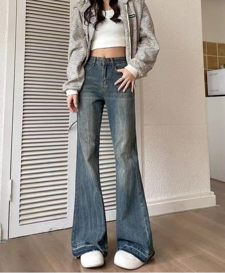 フレアパンツ レトロ風ウォッシュ加工フレアデニム