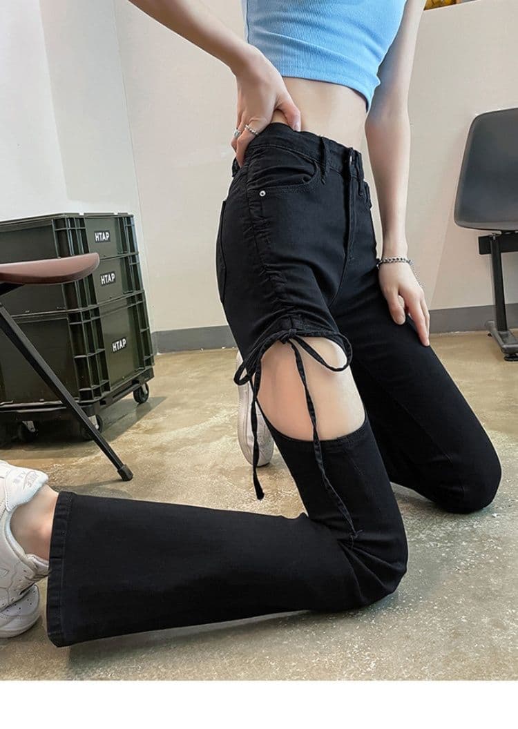 フレアパンツ ひもあしらいデザインフレアデニム