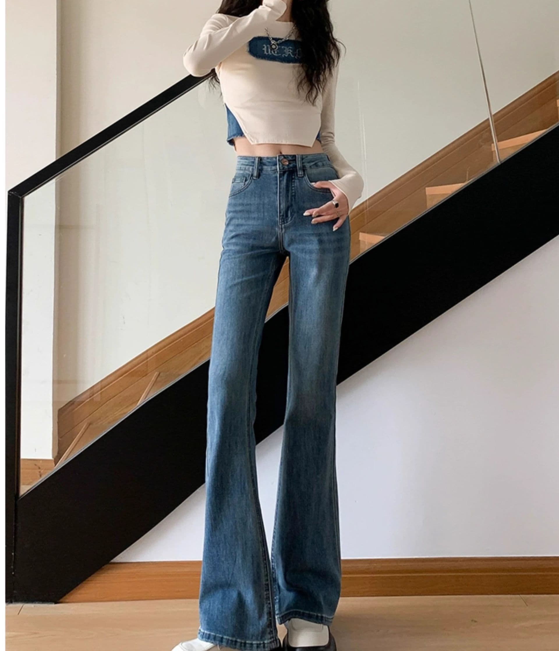 フレアパンツ 高腰美脚フレアデニム