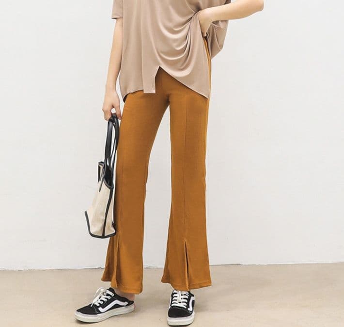 フレアパンツ 裾スリット入りリブフレアパンツ