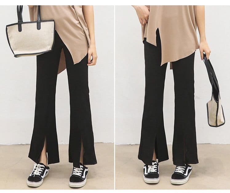 フレアパンツ 裾スリット入りリブフレアパンツ