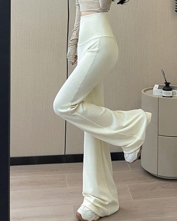 フレアパンツ ハイウエストリブフレアパンツ