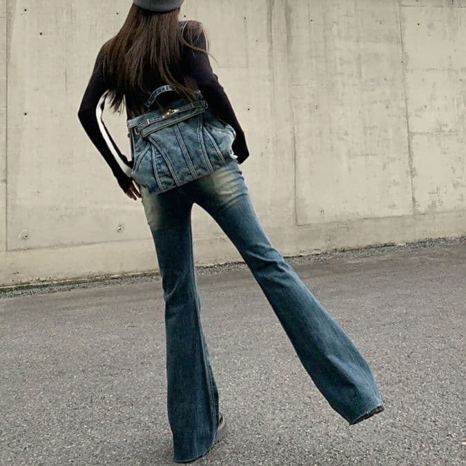 フレアパンツ レトロ風ハイウエストフレアデニム