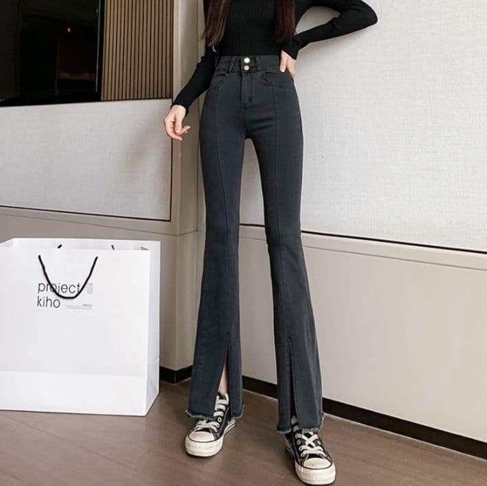 フレアパンツ 裾スリット入り美脚フレアデニム