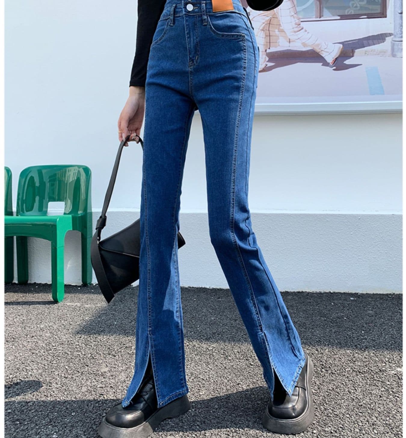 フレアパンツ スリット入り美脚フレアデニム