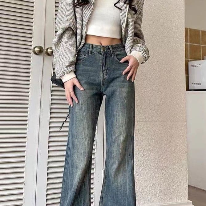 フレアパンツ レトロ風ウォッシュ加工フレアデニム