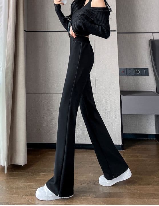 フレアパンツ リブ仕様ストレッチフレアパンツ
