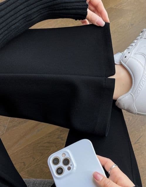 フレアパンツ リブ仕様ストレッチフレアパンツ