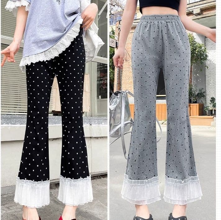 フレアパンツ 水玉柄裾フリルフレアパンツ