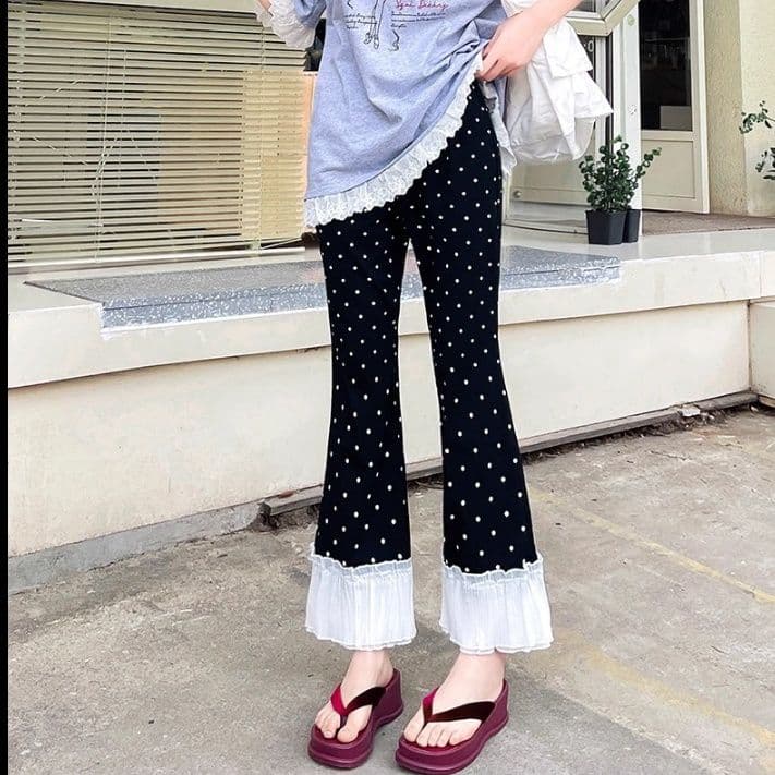 フレアパンツ 水玉柄裾フリルフレアパンツ
