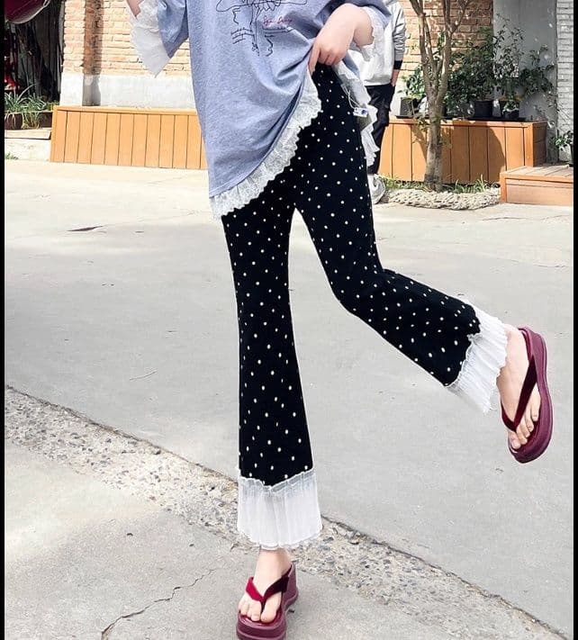 フレアパンツ 水玉柄裾フリルフレアパンツ