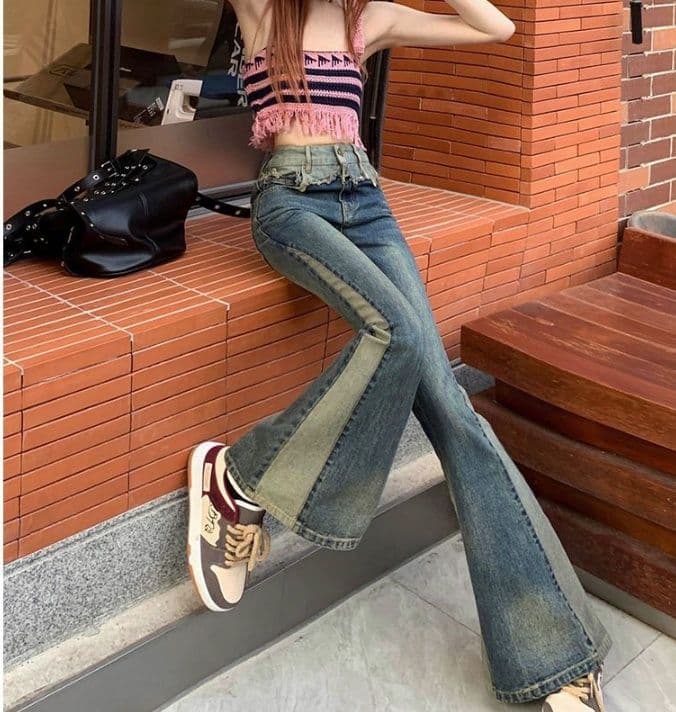 フレアパンツ ヴィンテージ風切り替えフレアデニムパンツ