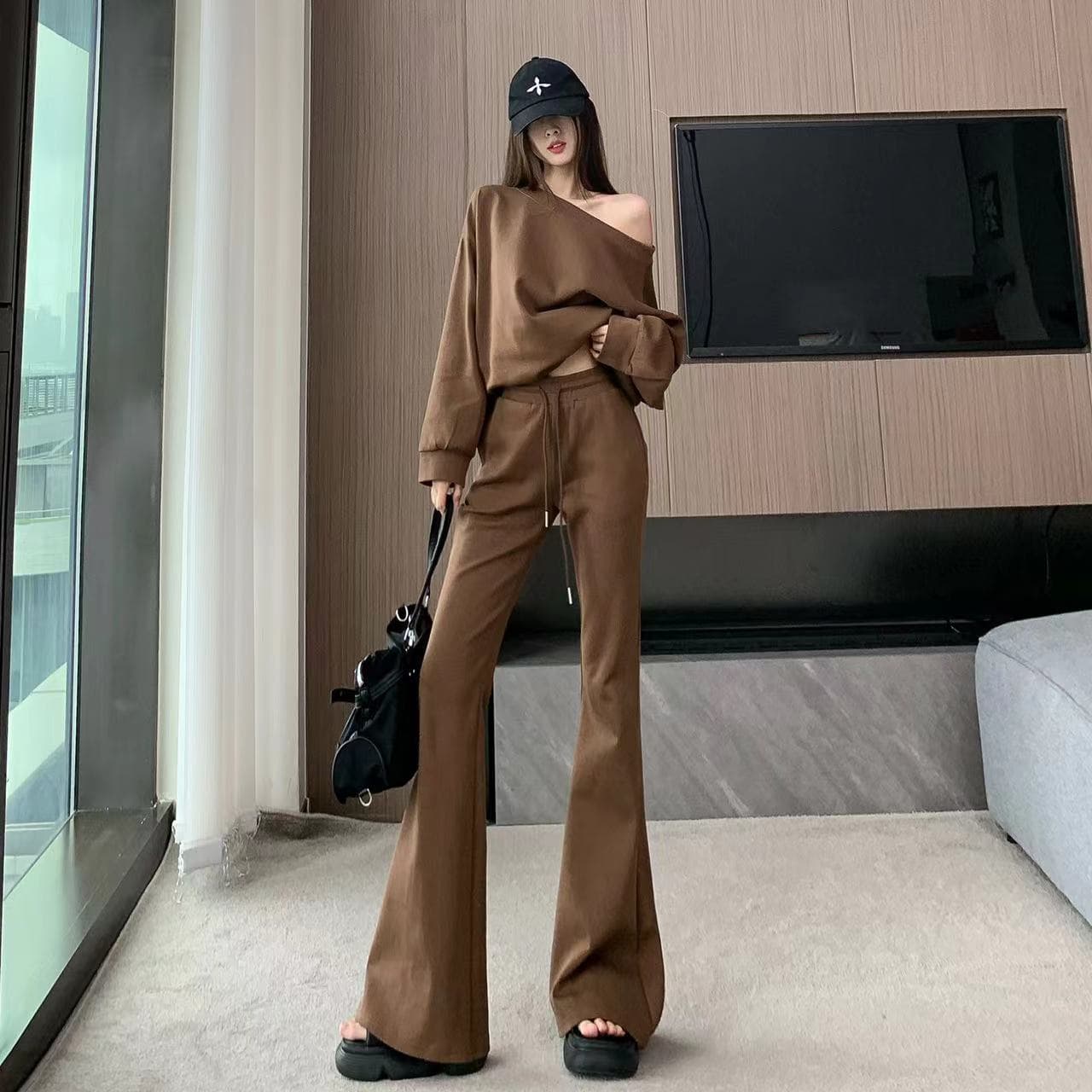 フレアパンツ 裏起毛スウェット素材フレアパンツ