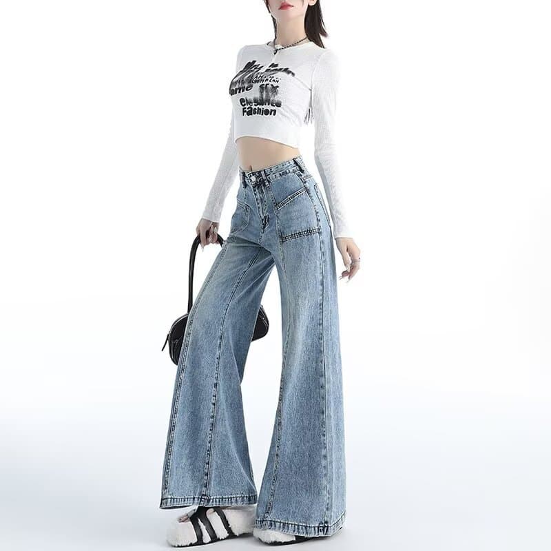 フレアパンツ ハイウエストワイドシルエットフレアデニムパンツ