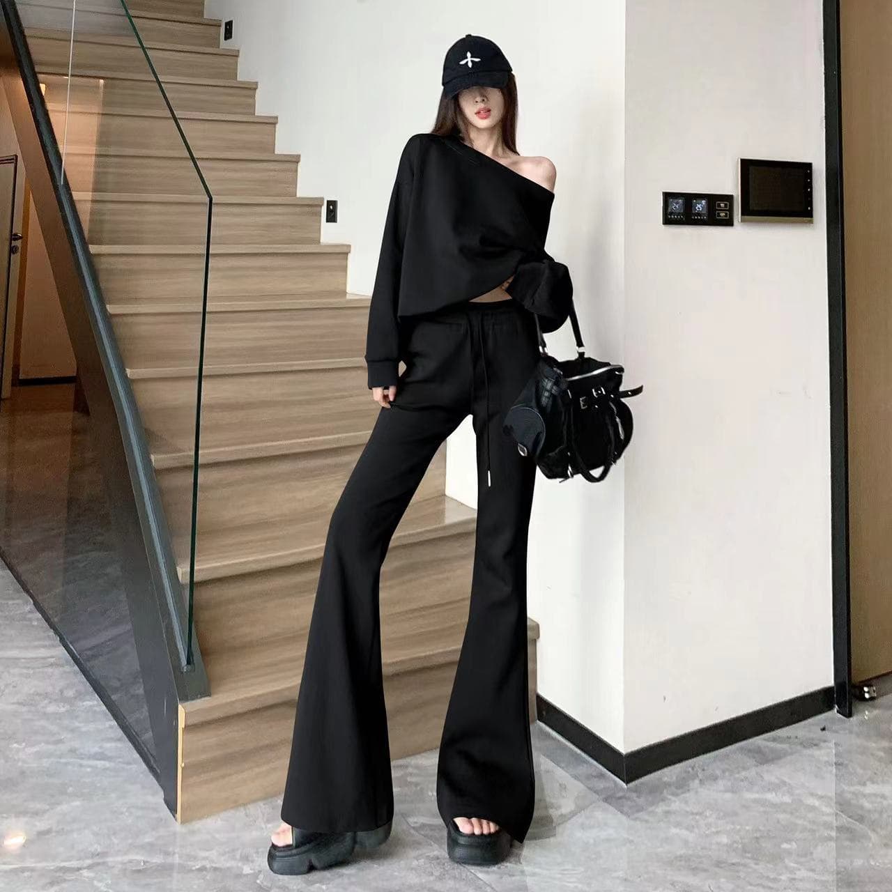 フレアパンツ 裏起毛スウェット素材フレアパンツ