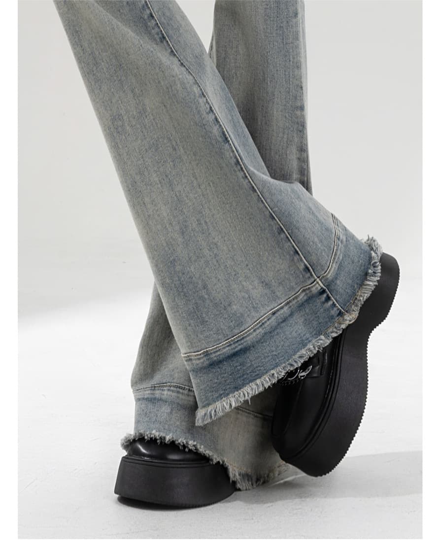 フレアパンツ 裾切りっぱなしハイウエストフレアデニムパンツ