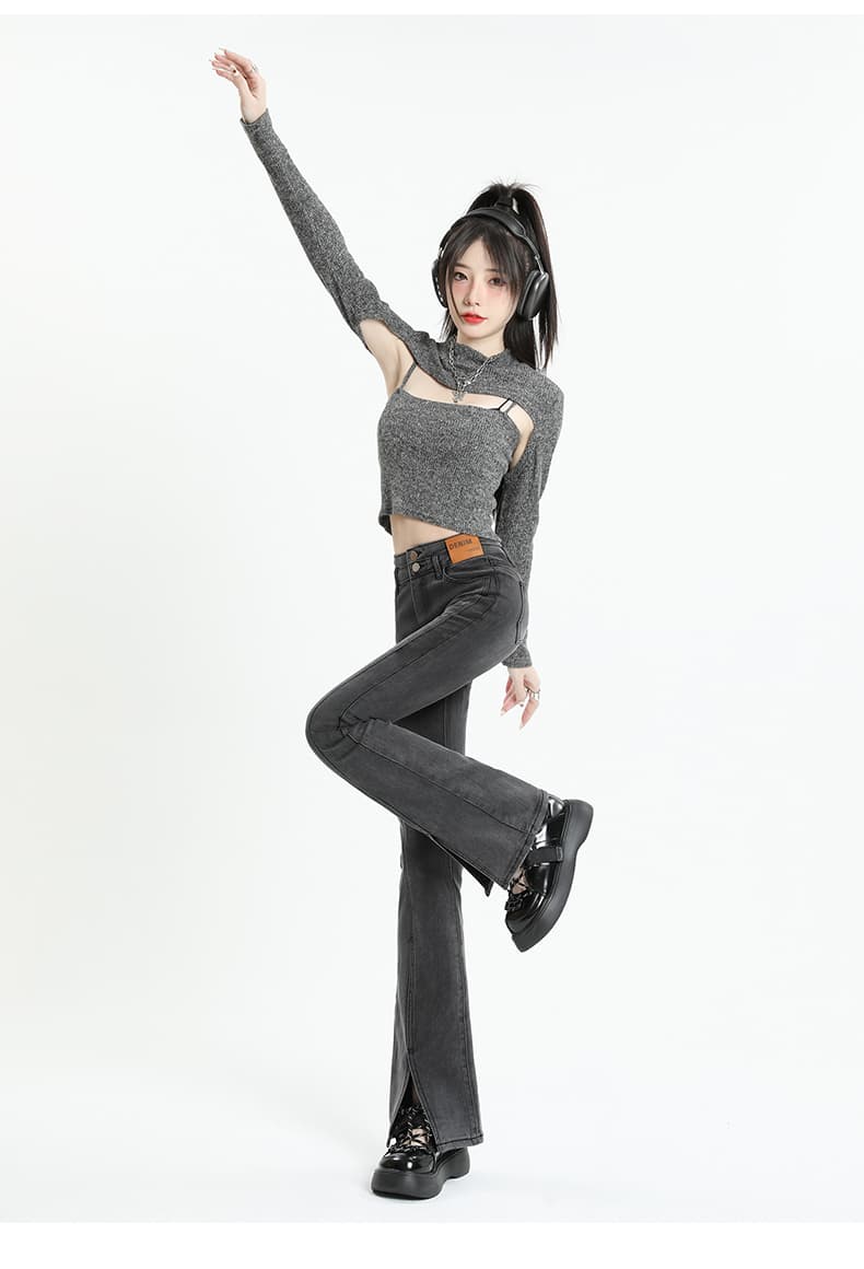 フレアパンツ サイドスリット入りストレッチデニム
