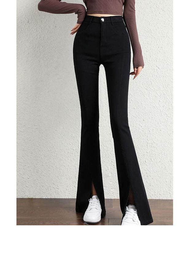 フレアパンツ 裾スリット入りハイウエストフレアパンツ