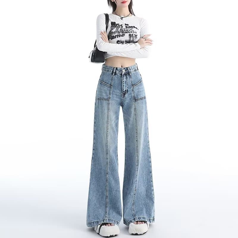 フレアパンツ ハイウエストワイドシルエットフレアデニムパンツ