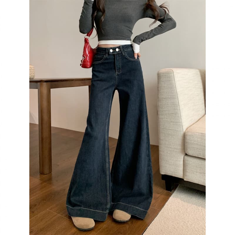 フレアパンツ 極太ワイドシルエット裾広がりデニムフレアパンツ