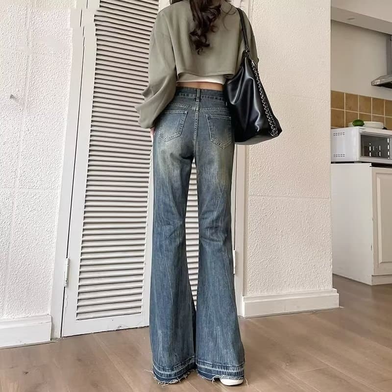 フレアパンツ ヴィンテージ風ハイウエストフレアデニムパンツ