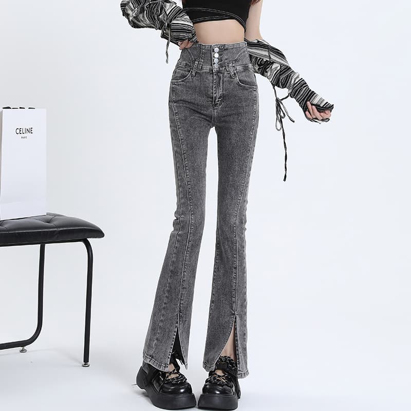 フレアパンツ 高腰スリット入りフレア裾デニムパンツ