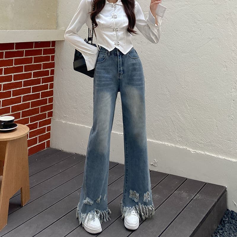 フレアパンツ 裾フリンジダメージ加工ハイウエストフレアデニムパンツ