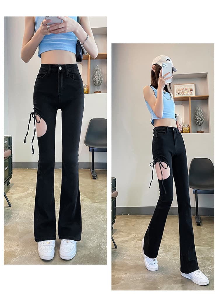 フレアパンツ ひもあしらいデザインフレアデニム