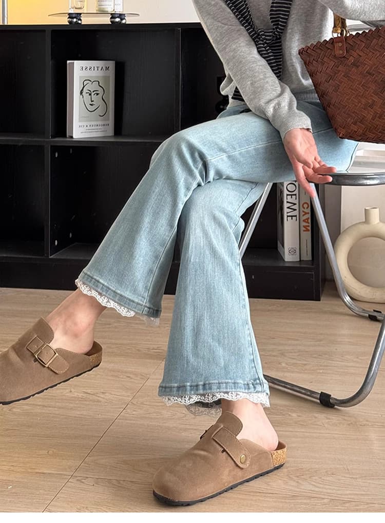 フレアパンツ レース裾フリルデニムフレア