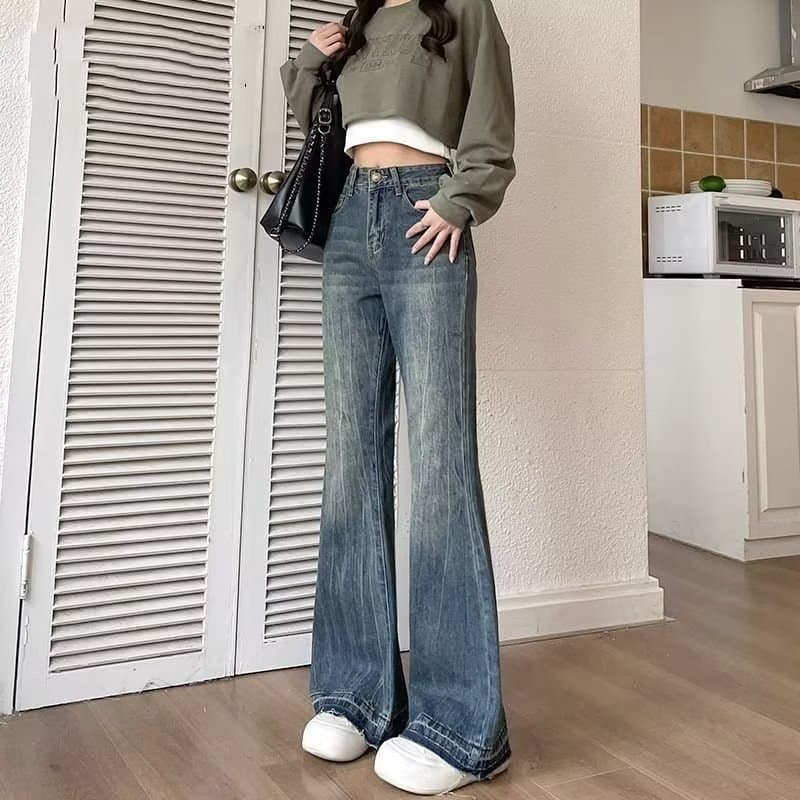 フレアパンツ ヴィンテージ風ハイウエストフレアデニムパンツ