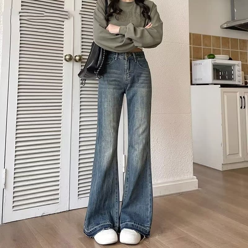 フレアパンツ ヴィンテージ風ハイウエストフレアデニムパンツ
