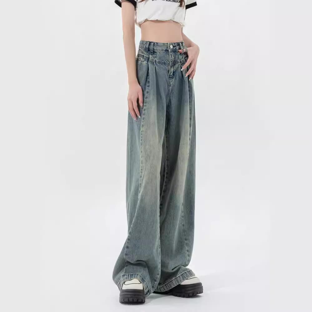 フレアパンツ ハイウエストタックワイドフレアデニムパンツ
