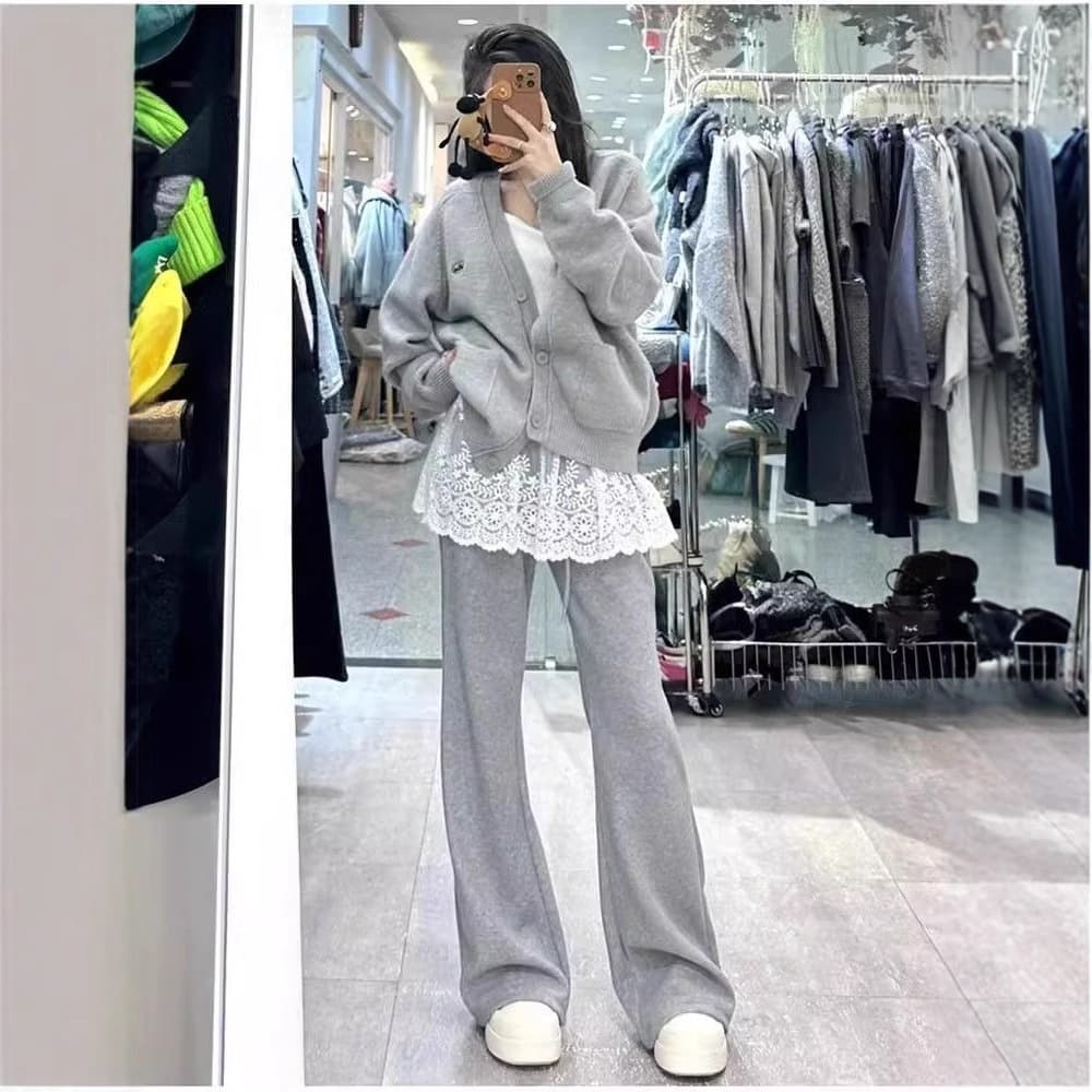 フレアパンツ レース重ね着風フレアスウェットパンツ
