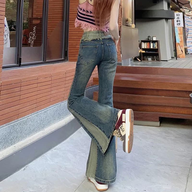 フレアパンツ ヴィンテージ風切り替えフレアデニムパンツ