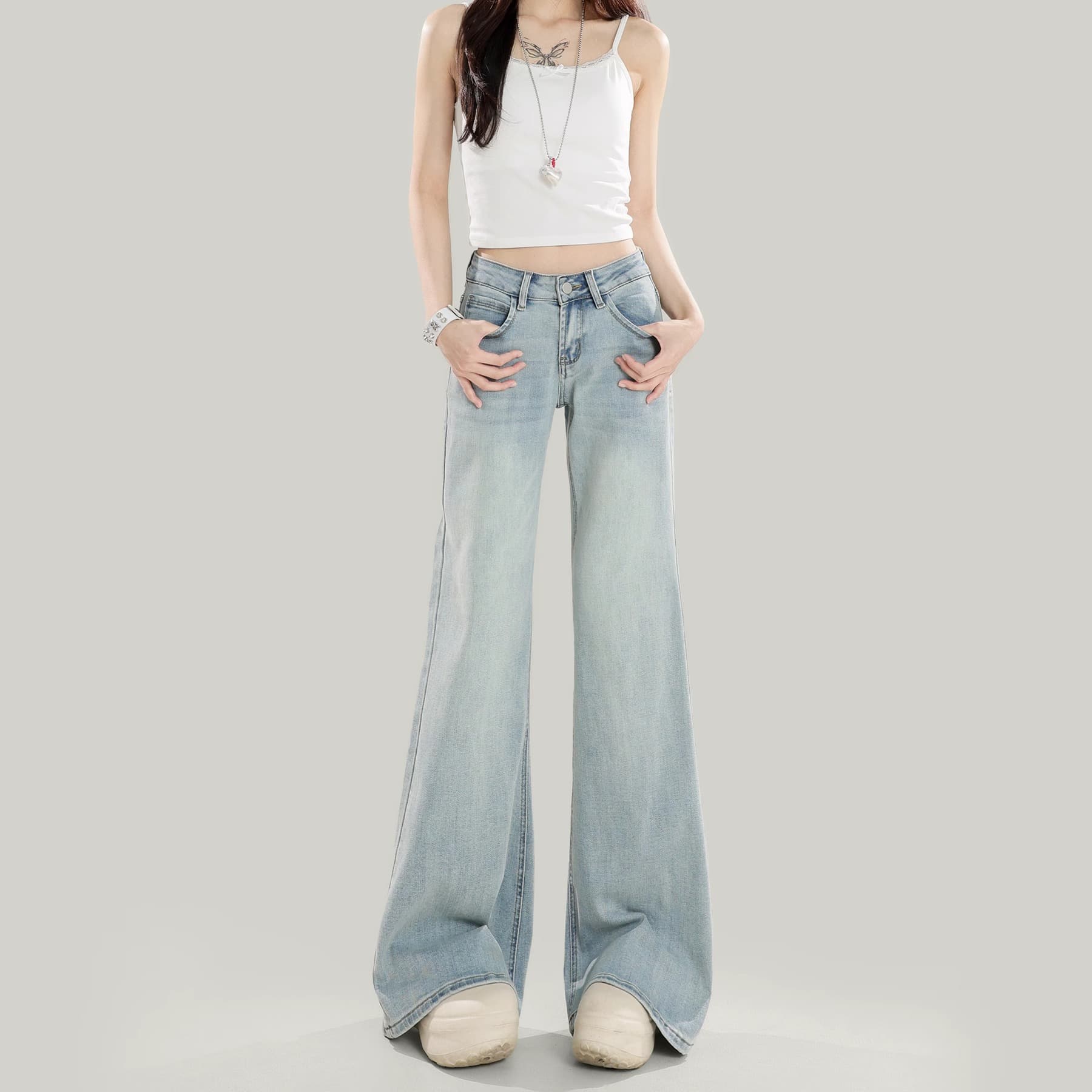 フレアパンツ ヴィンテージ風ワイドフレア美脚長め丈デニムパンツ